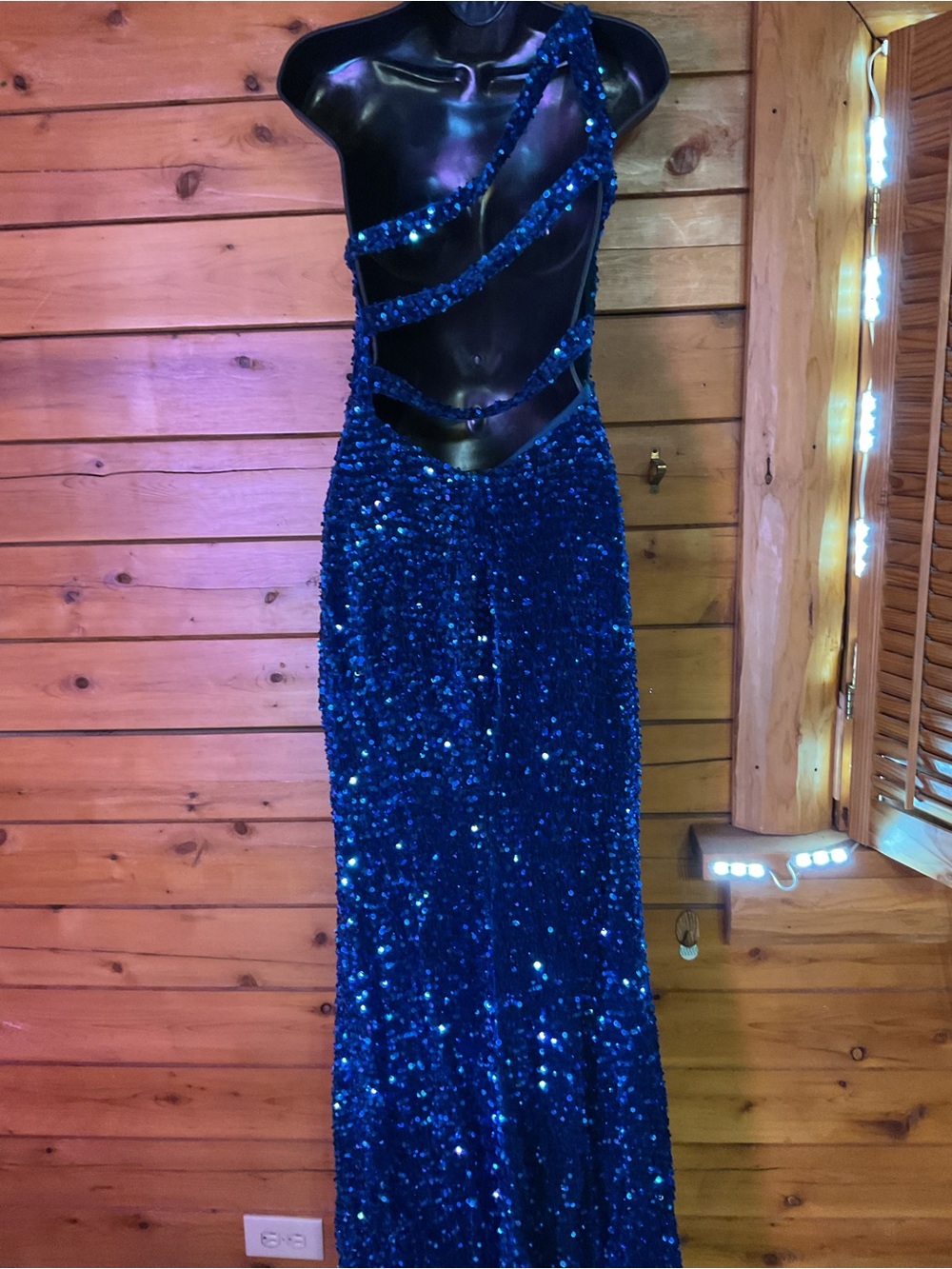 One-Shoulder Navy Sequin Evening Gown w/ slit hem and Open Back - Picture 3 of 14